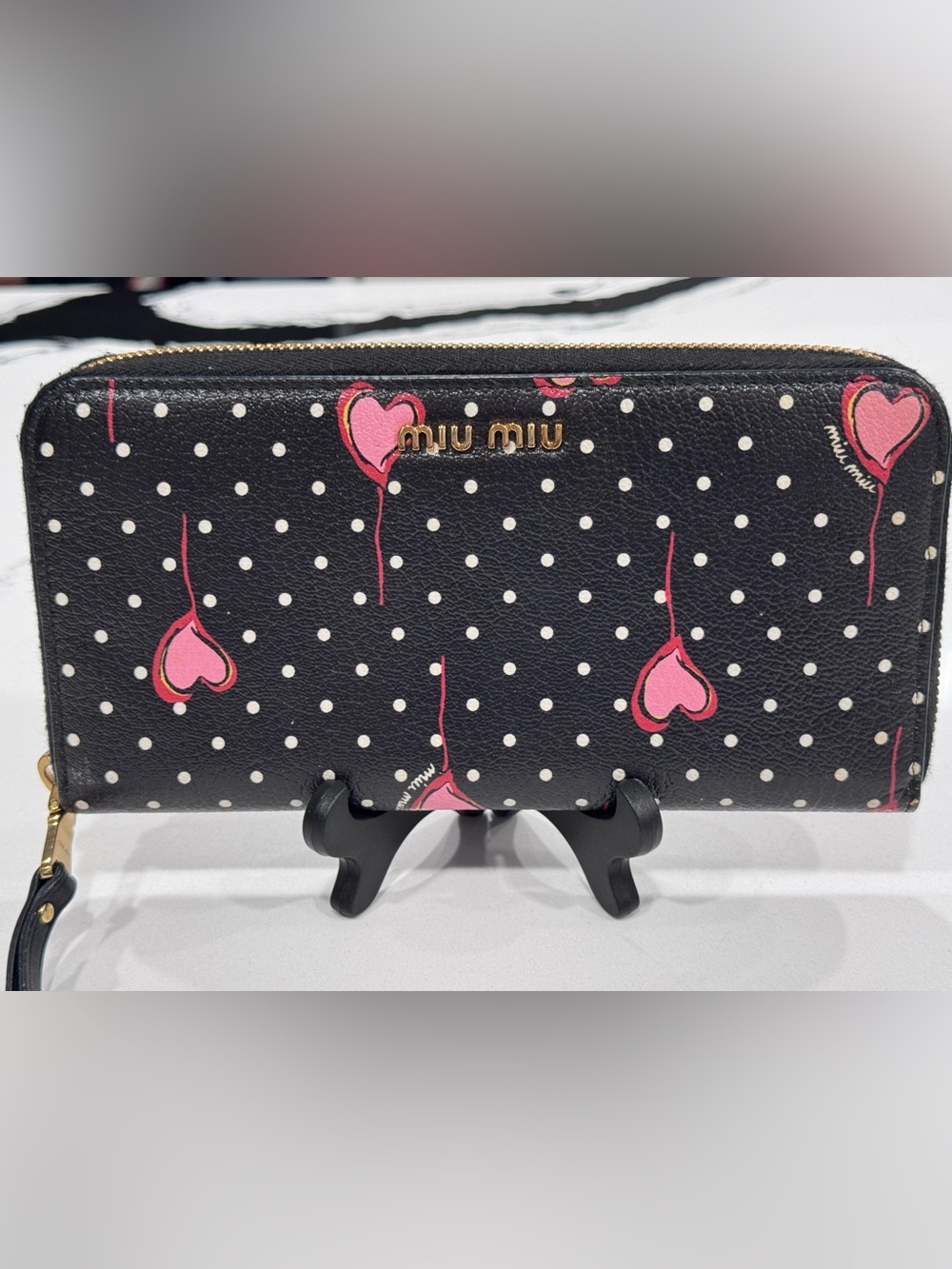 Miu Miu Heart Polka Dot Leather Zip Around Wallet Black Pink Authentic